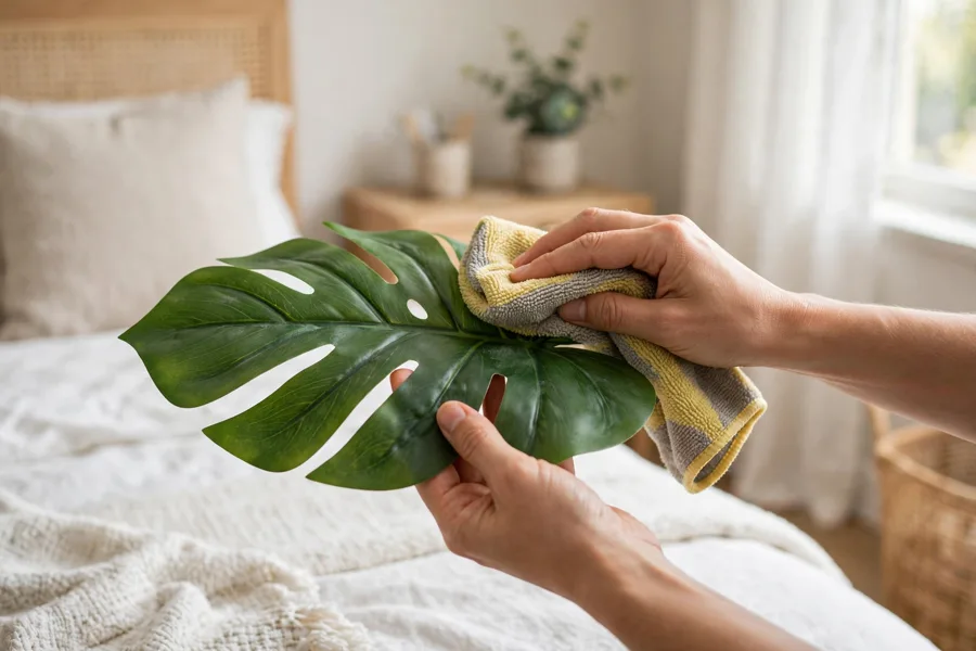 Dusting faux plant leaves with a cloth