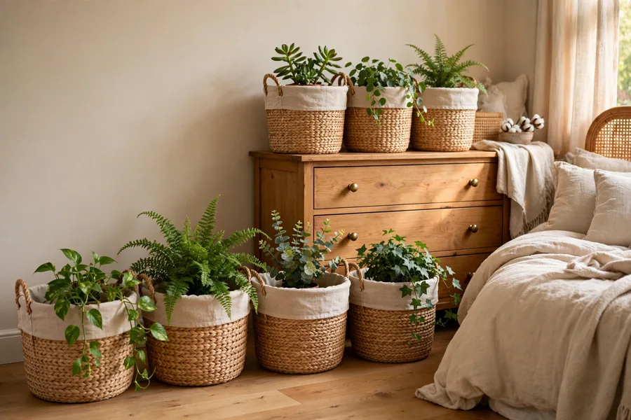 Matching seagrass baskets hiding plant pots