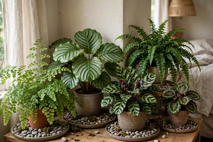 Ferns and calatheas grouped on pebble trays