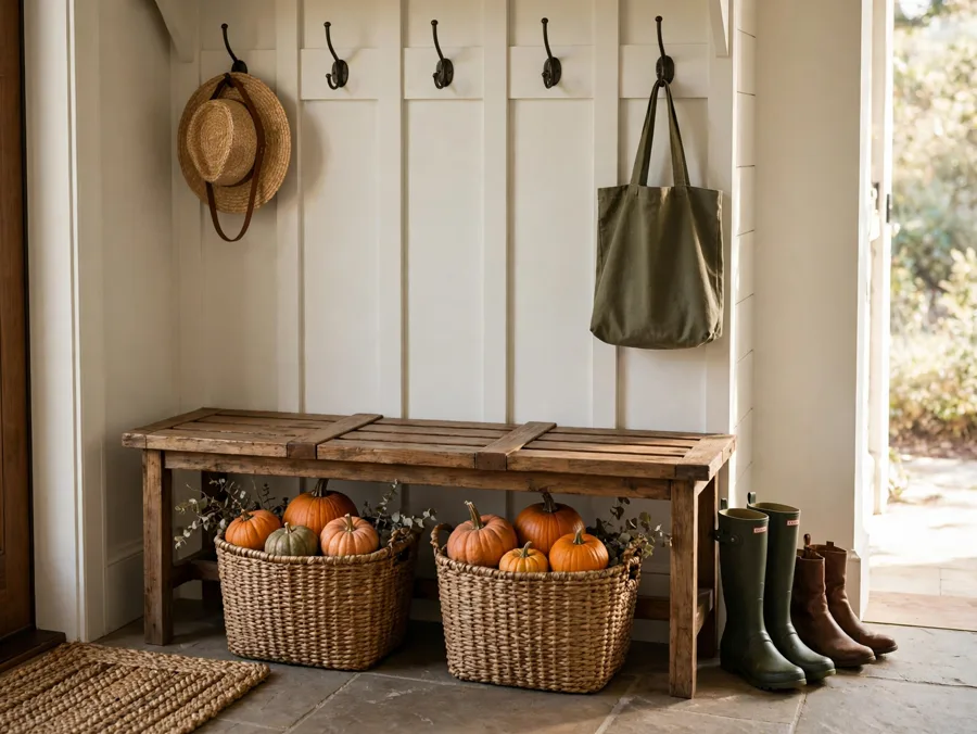 Baskets of pumpkins under an entry bench