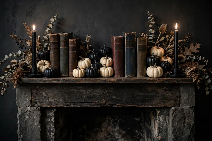 Mini black and cream pumpkins between old books on a mantel