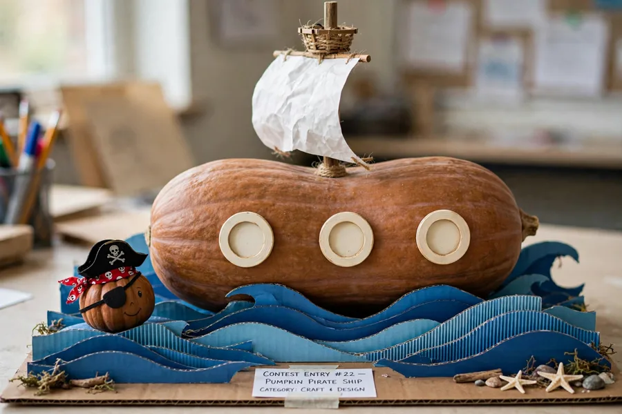 Pirate ship pumpkin sailing on cardboard waves