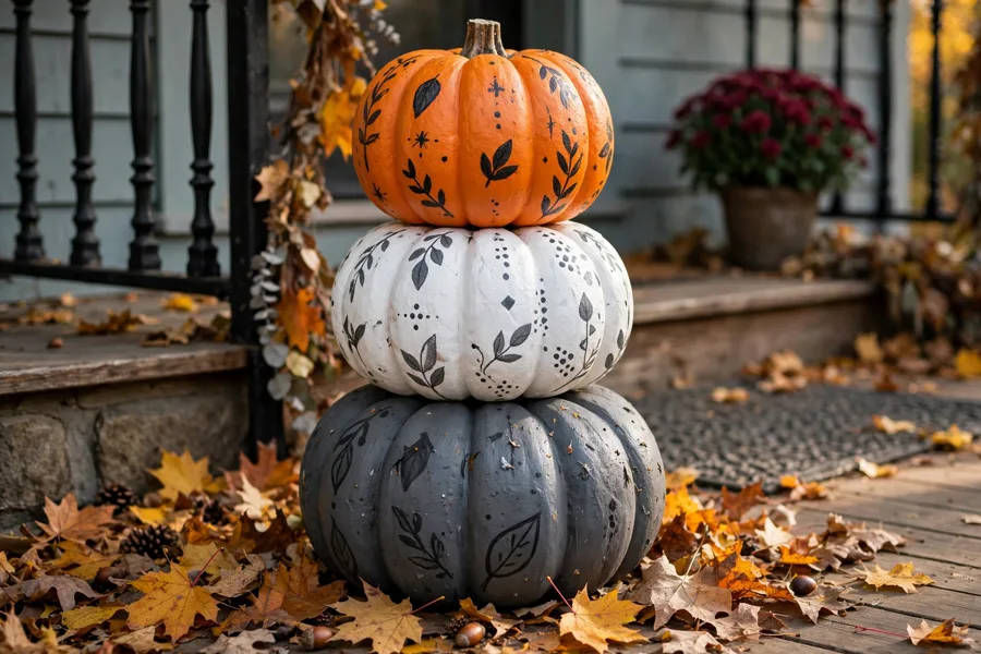 Family stacking painted foam pumpkins into a totem