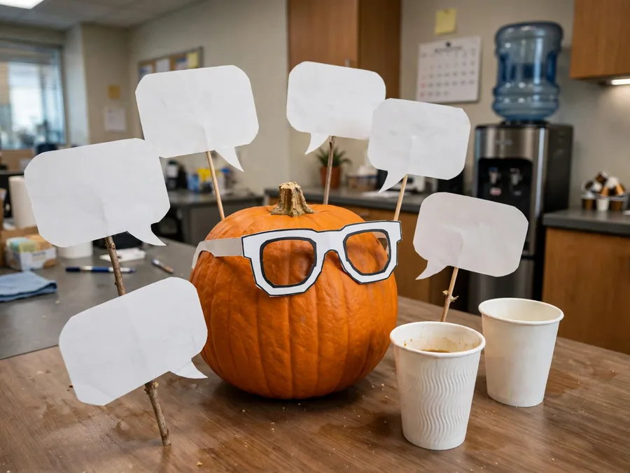 Pumpkin with speech bubbles on sticks like water-cooler chat