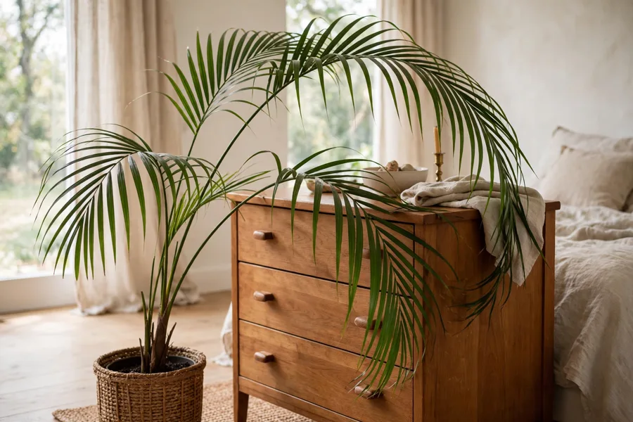 Arching palm plant beside a wooden dresser