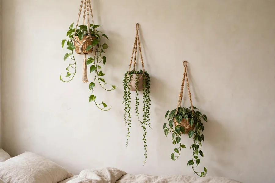 Hanging plants at three heights along one bedroom wall