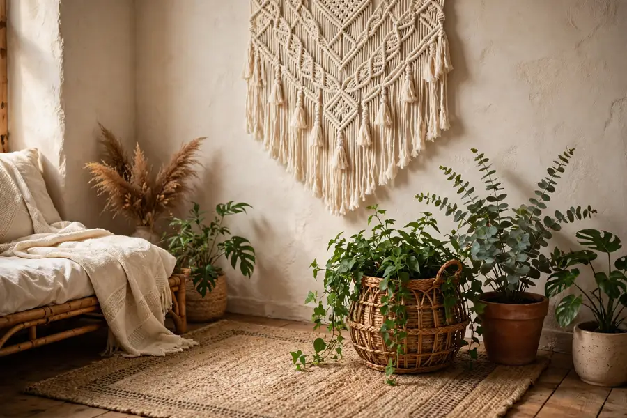 Rattan, jute and macramé textures with plants