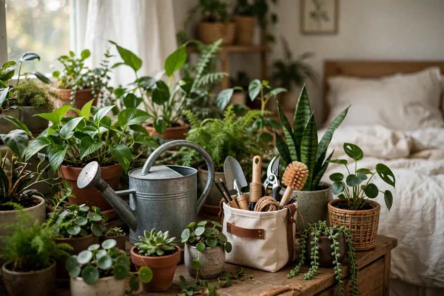 Watering can among a dense collection of bedroom plants