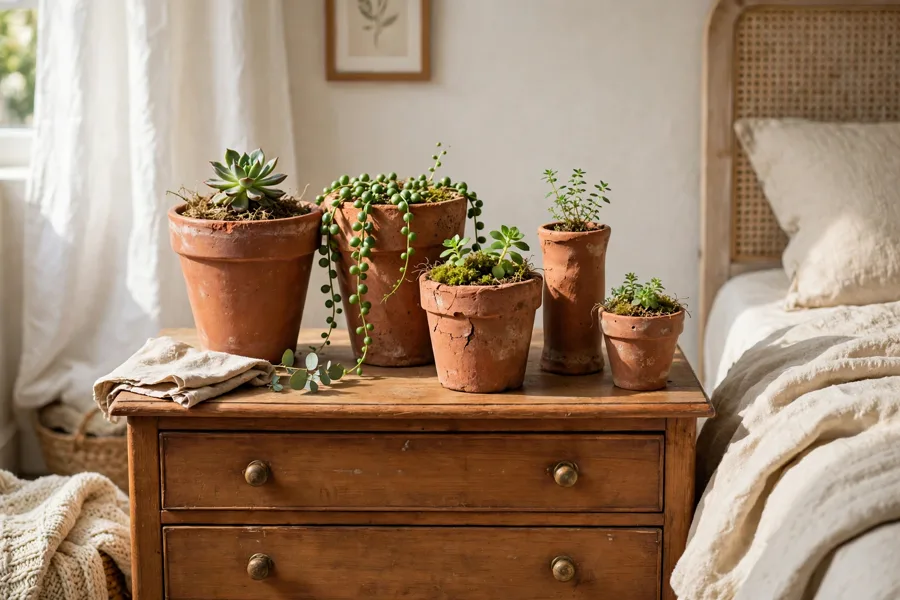Thrifted terracotta pots grouped on a bedroom dresser