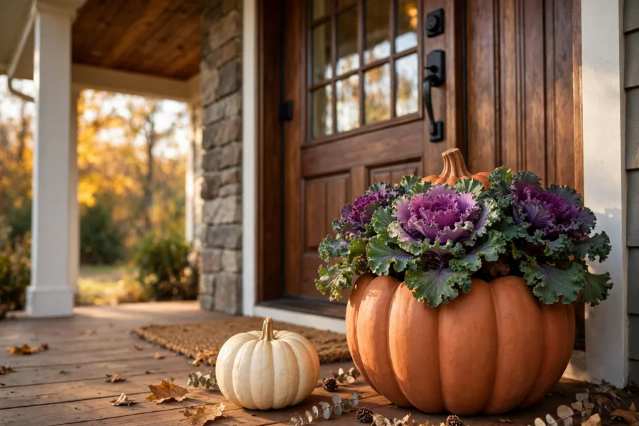 Terracotta pumpkin planter by a front door
