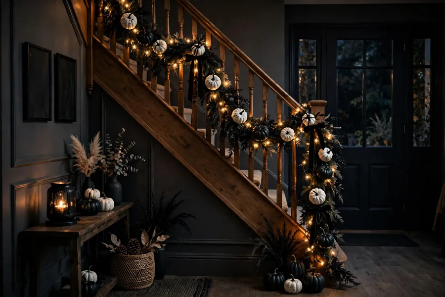 Mini pumpkins tied along a staircase banister garland