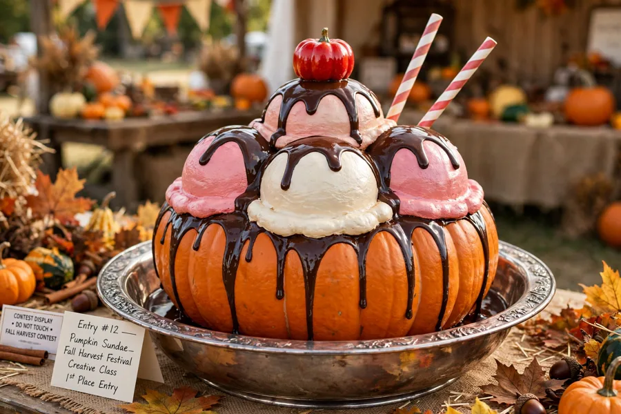Pumpkin sundae with scoops in a silver bowl