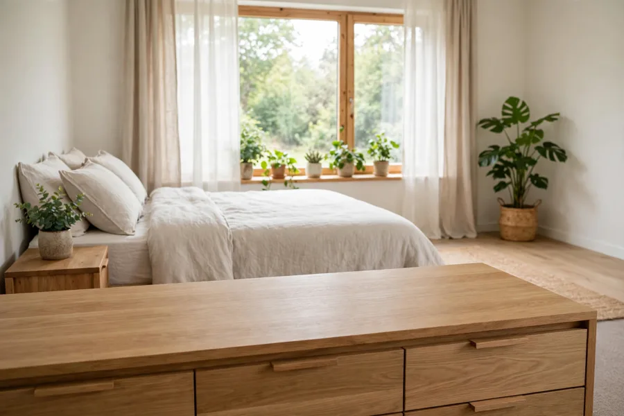 Bedroom with plants and a clear dresser top