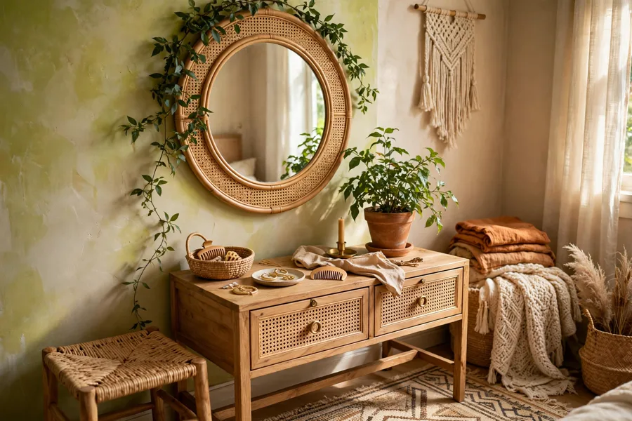 Vine and clay pots beside a dressing mirror