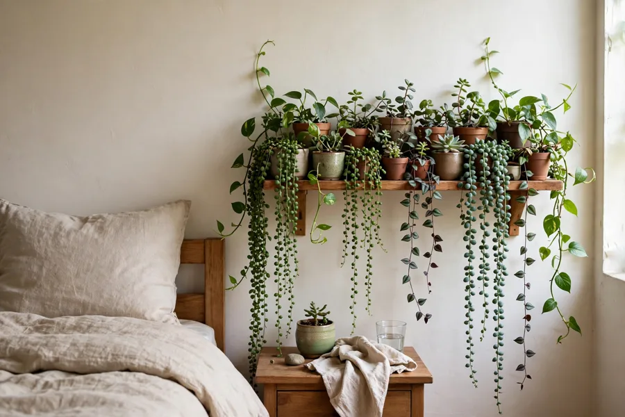 Wall shelf crowded with small leafy plants by a bed