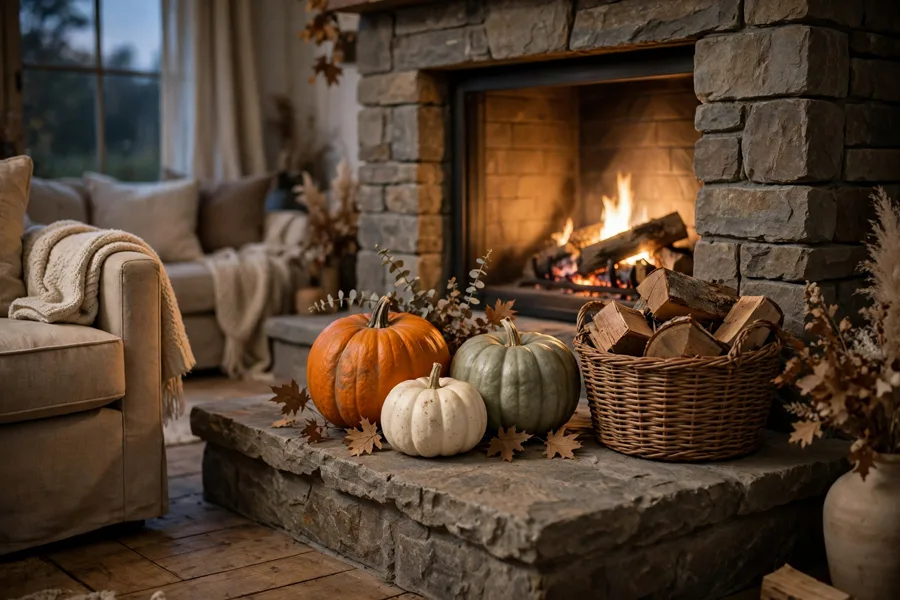 Pumpkins clustered beside a fireplace log basket