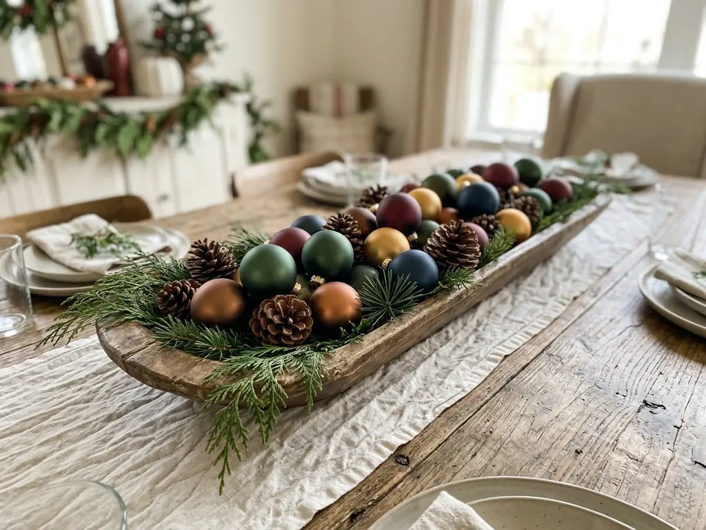 Wooden dough bowl Christmas centerpiece
