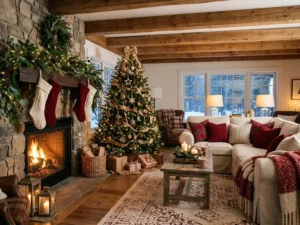 Farmhouse Christmas living room with rustic tree