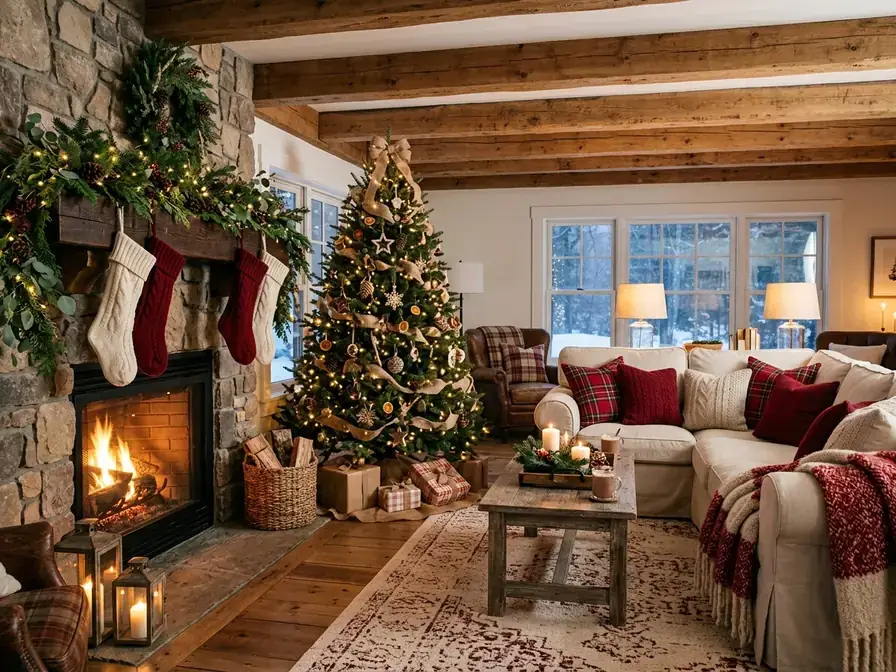 Farmhouse Christmas living room with rustic tree