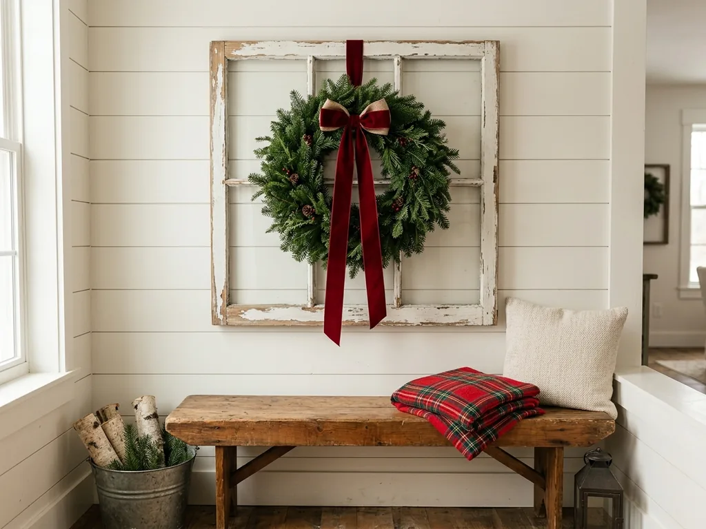Window frame with Christmas wreath