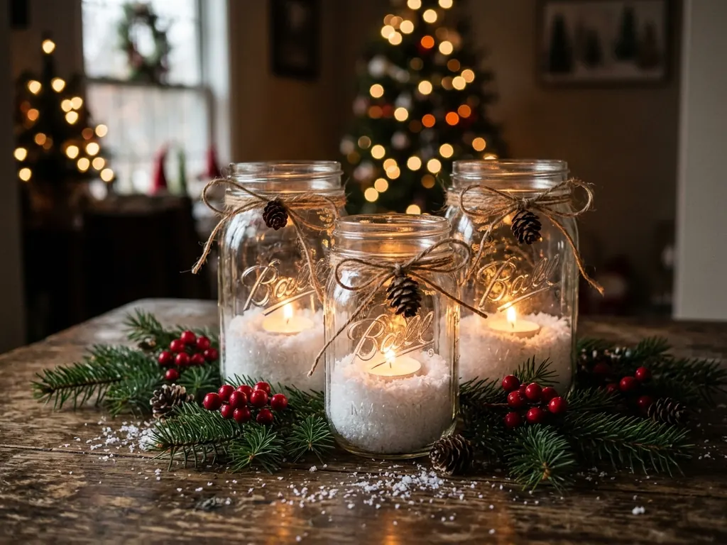 Mason jar Christmas luminaries with candles