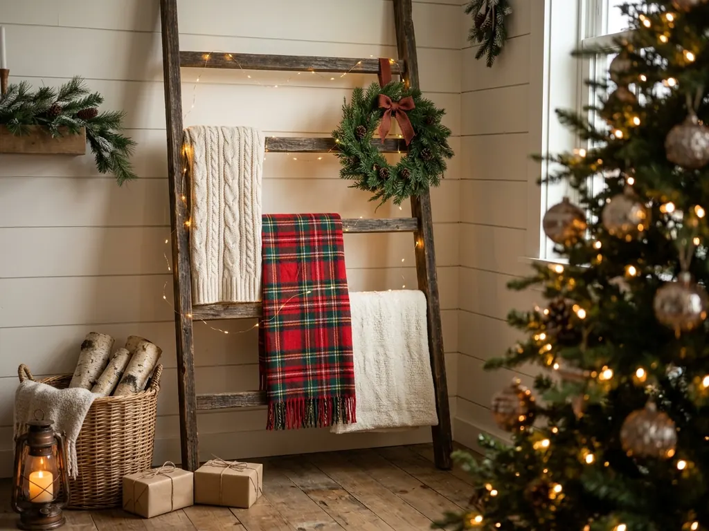 Rustic ladder with Christmas throws