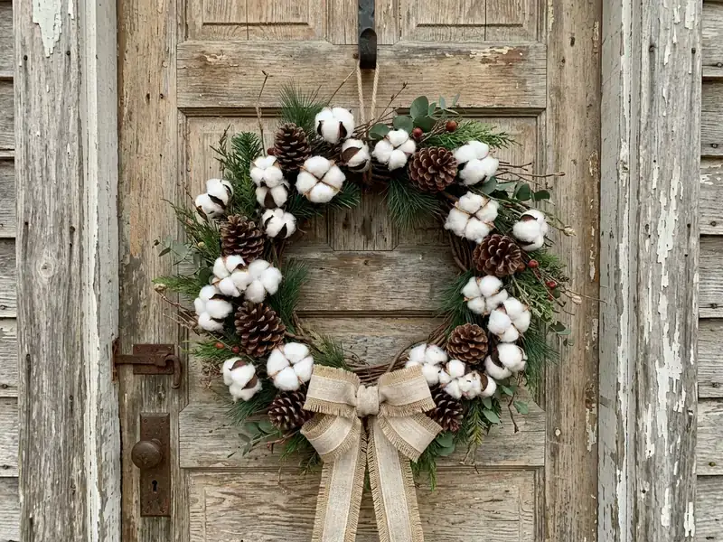 Cotton boll wreath on rustic door