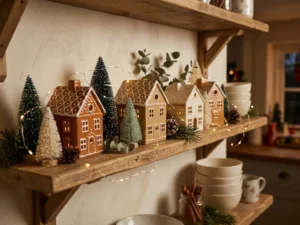 Gingerbread Christmas kitchen shelf display
