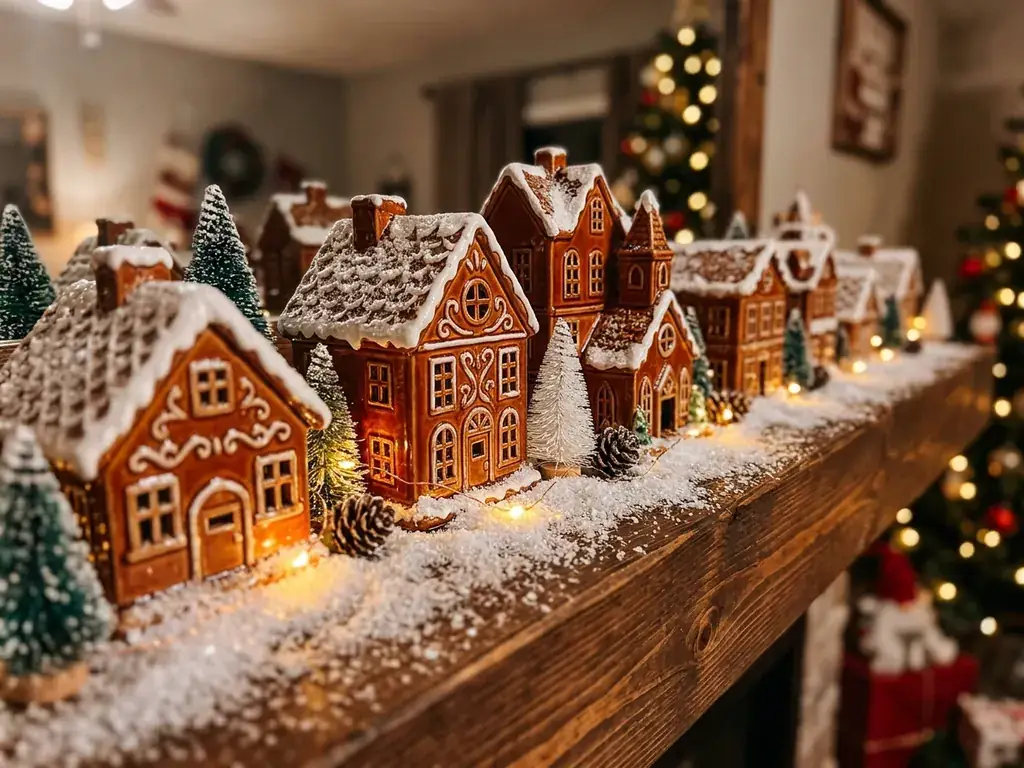 Ceramic gingerbread house village display
