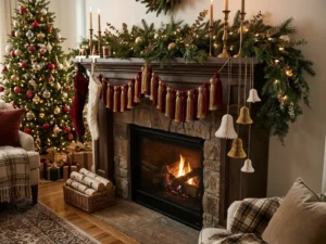 Tassel garland and paper bells on mantel