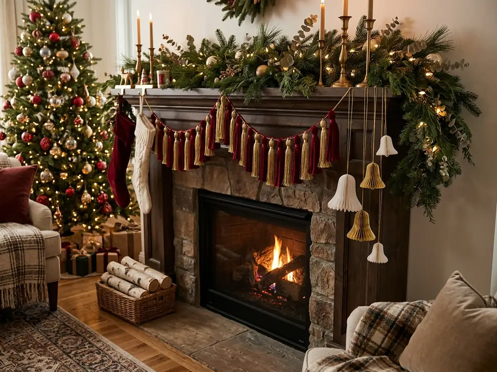 Tassel garland and paper bells on mantel