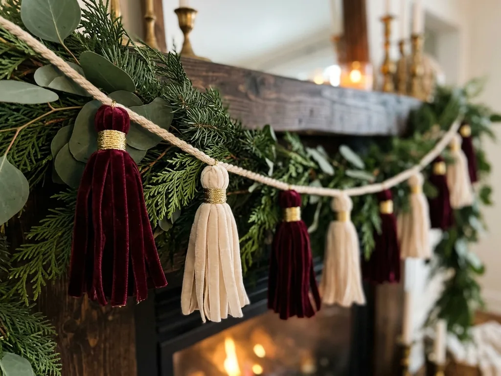 Velvet tassel garland on mantel