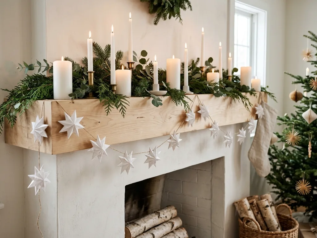 Paper star garland on mantel