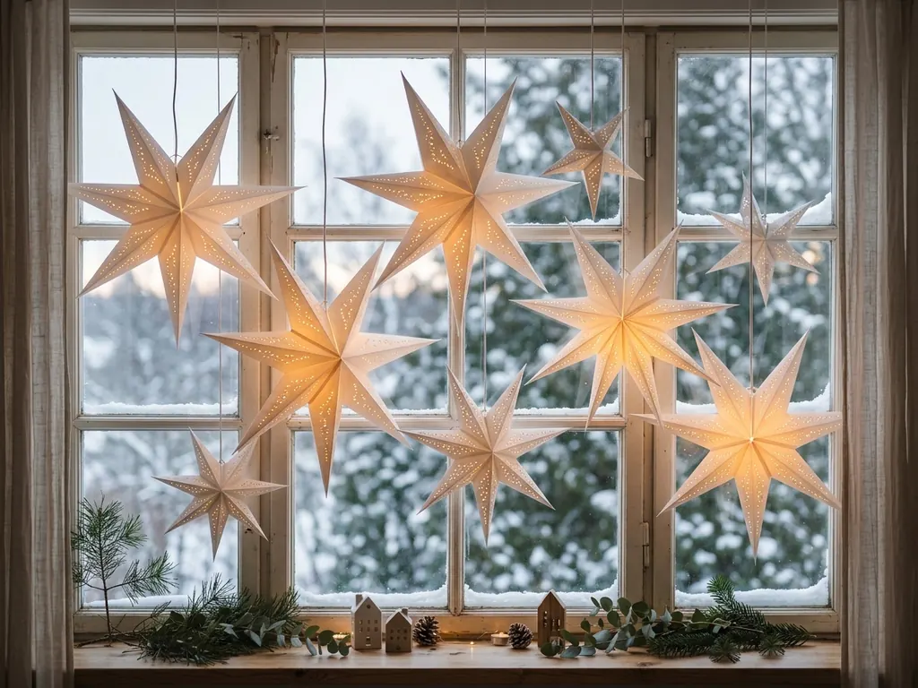 Layered paper stars in window