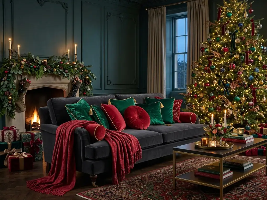 Emerald and ruby velvet cushions