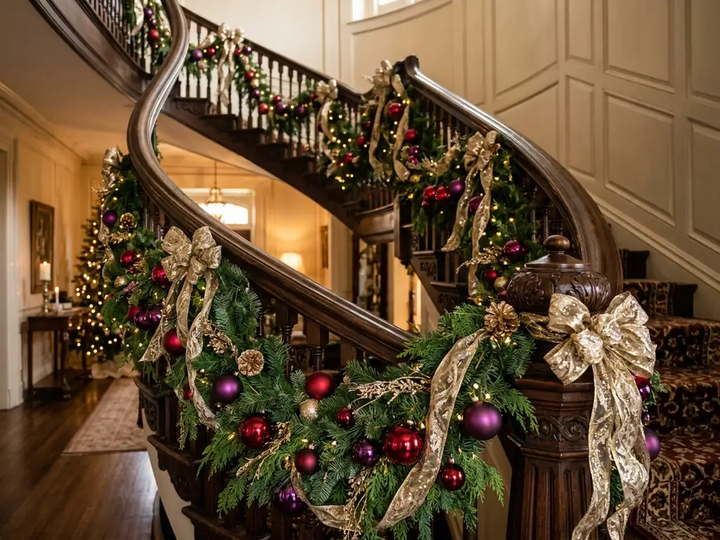 Jewel tone bauble garland on staircase