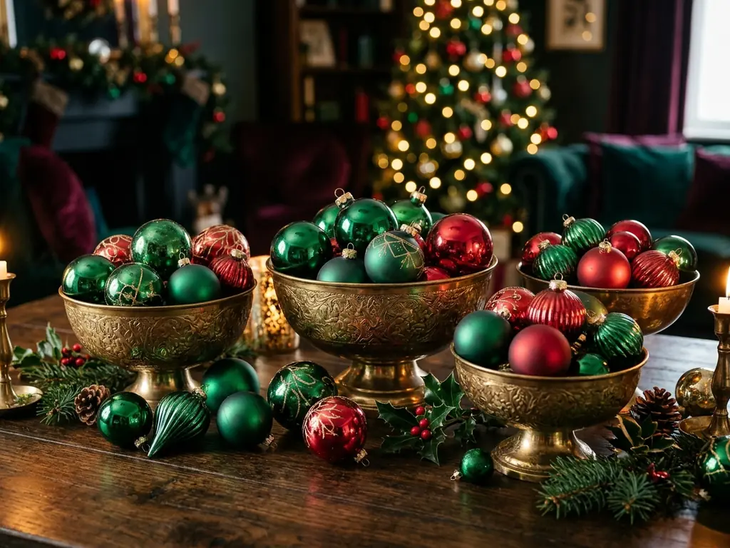 Jewel tone glass ornaments in bowls