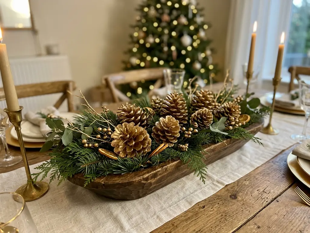 Gold-dipped pinecones in wooden bowl