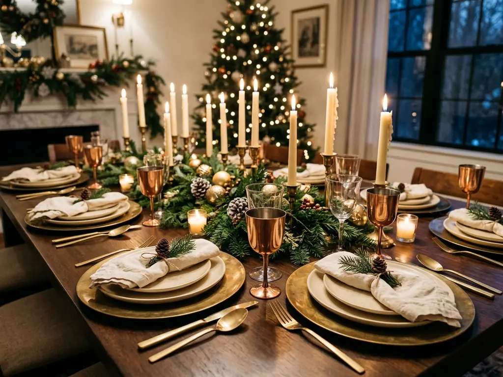 Metallic Christmas tablescape with brass