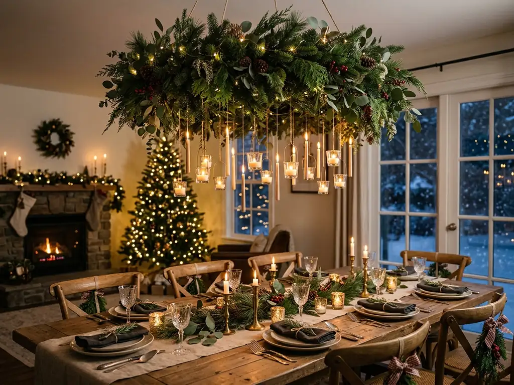 Greenery chandelier ring over table