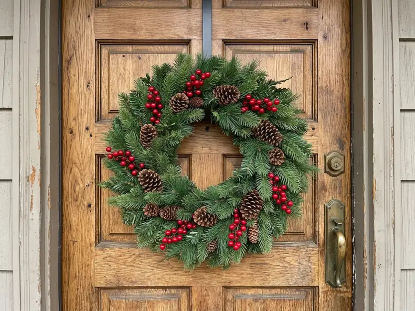 Real-touch wreath with pinecones