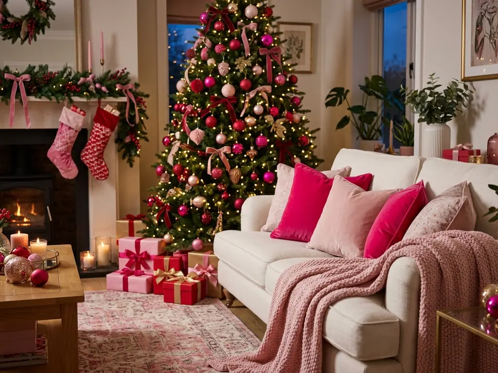 Pink cushions and throws on sofa