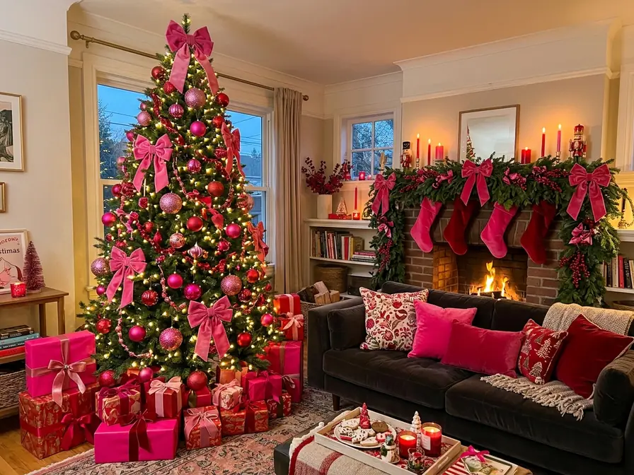 Hot pink and red Christmas living room