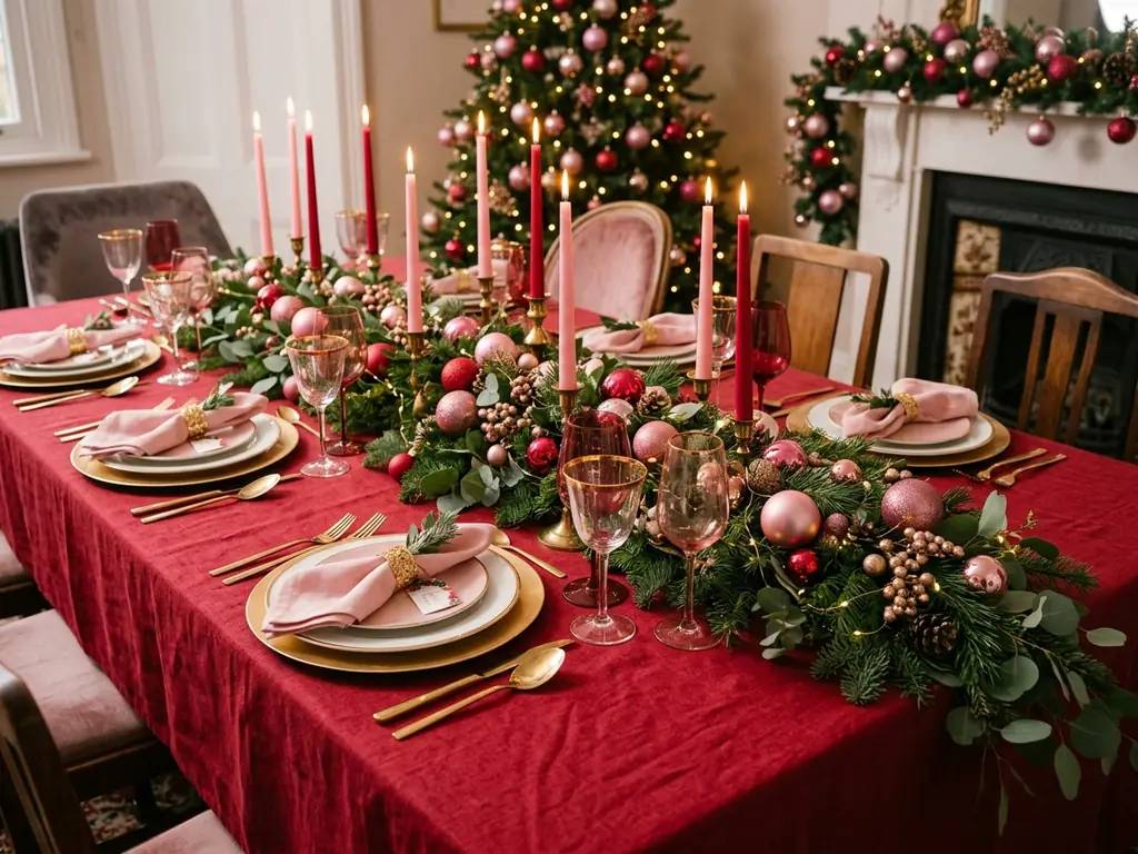 Pink and red Christmas tablescape