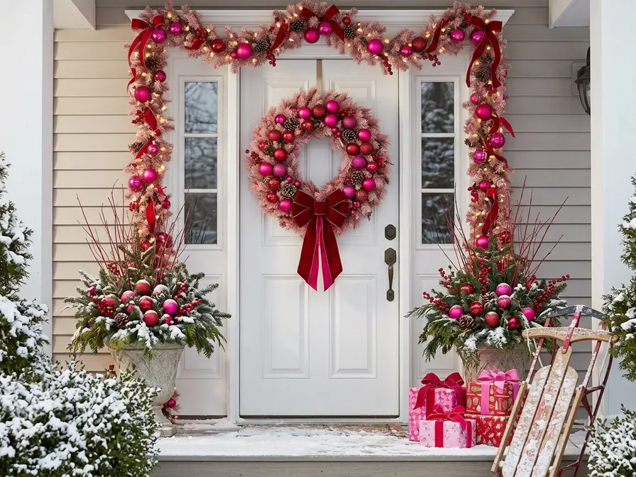 Pink wreath with red bow