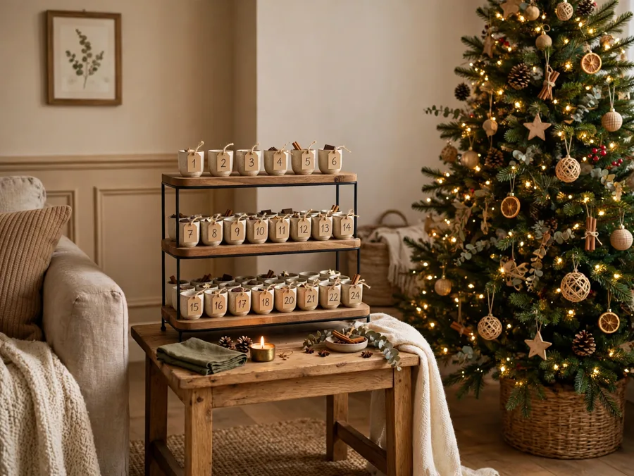 Tiered tray advent calendar beside tree