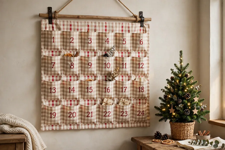 Fabric pocket advent calendar on wall