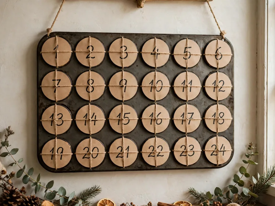 Muffin tin advent calendar on wall
