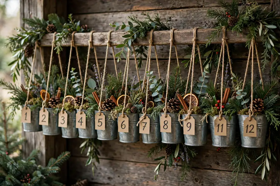 Hanging bucket advent calendar on rail