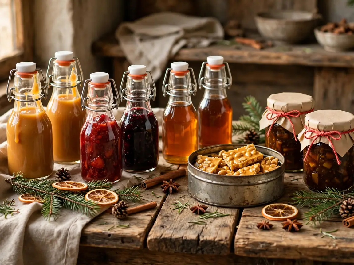 Homemade Christmas food gifts in jars and bottles on a wooden table